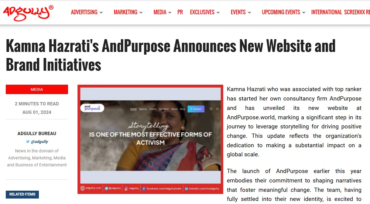 Media Coverage – Adgully Shares AndPurpose’s Exciting New Announcements