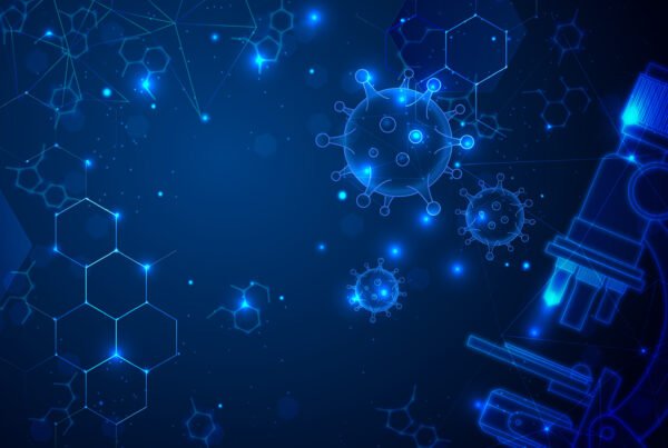 A digital representation of viruses and molecular structures under a microscope, symbolizing scientific research in biology.