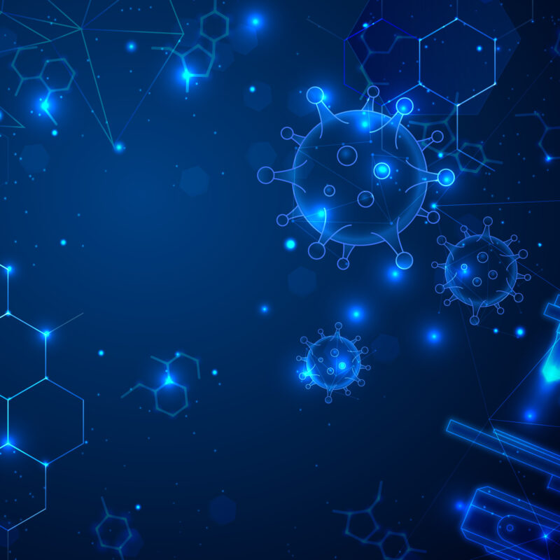 A digital representation of viruses and molecular structures under a microscope, symbolizing scientific research in biology.