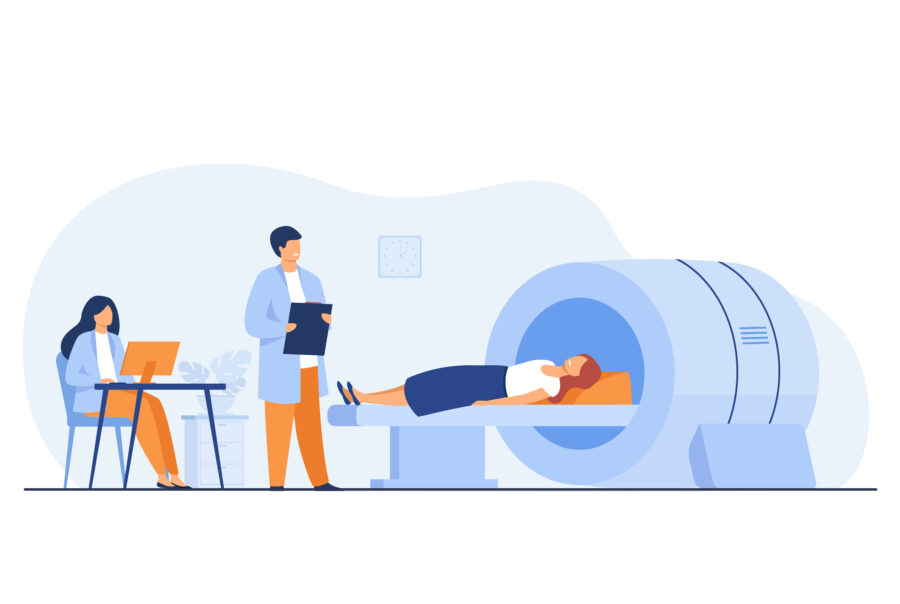 A researcher stands by an MRI machine while a patient lies inside, with another researcher working at a computer nearby.