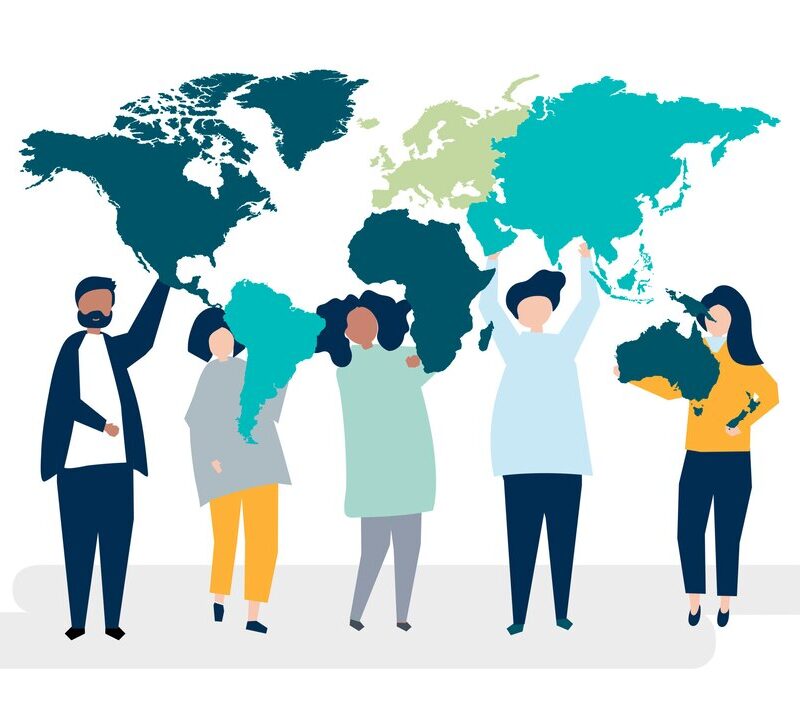 Diverse group of people holding up a world map, symbolizing global unity and collaboration.