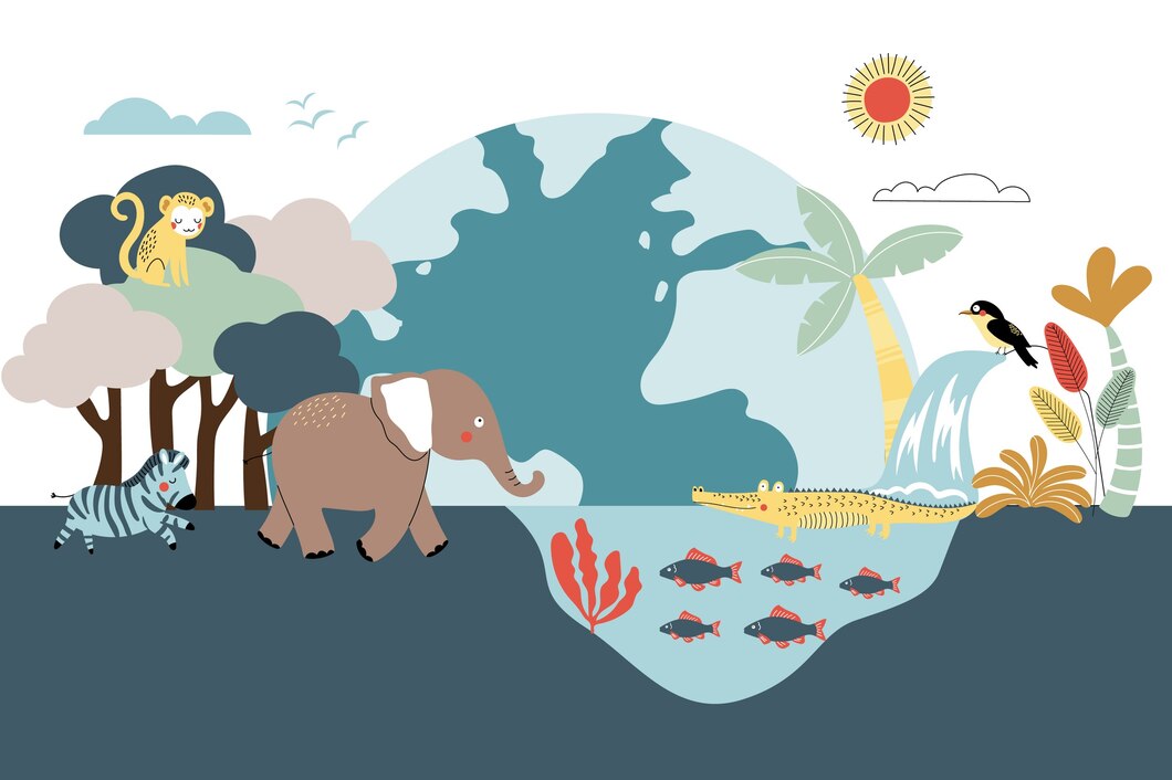 Illustration of diverse wildlife around the globe, including a zebra, elephant, crocodile, birds, and fish, representing species conservation.