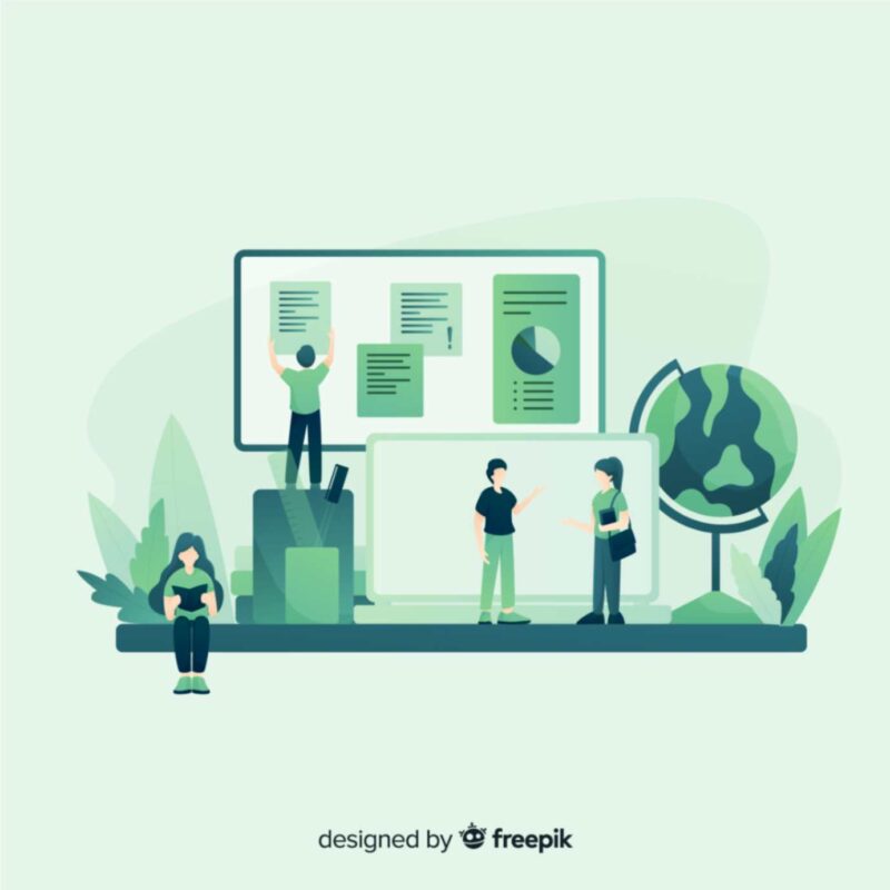 Illustration of people sharing data, with a globe and charts, symbolizing sustainability and research communication.
