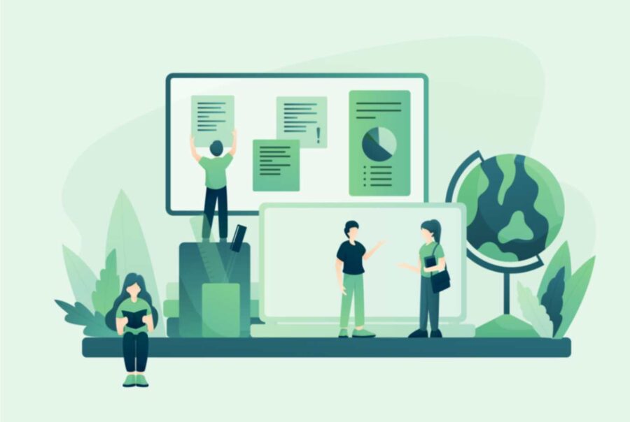 Illustration of people sharing data, with a globe and charts, symbolizing sustainability and research communication.