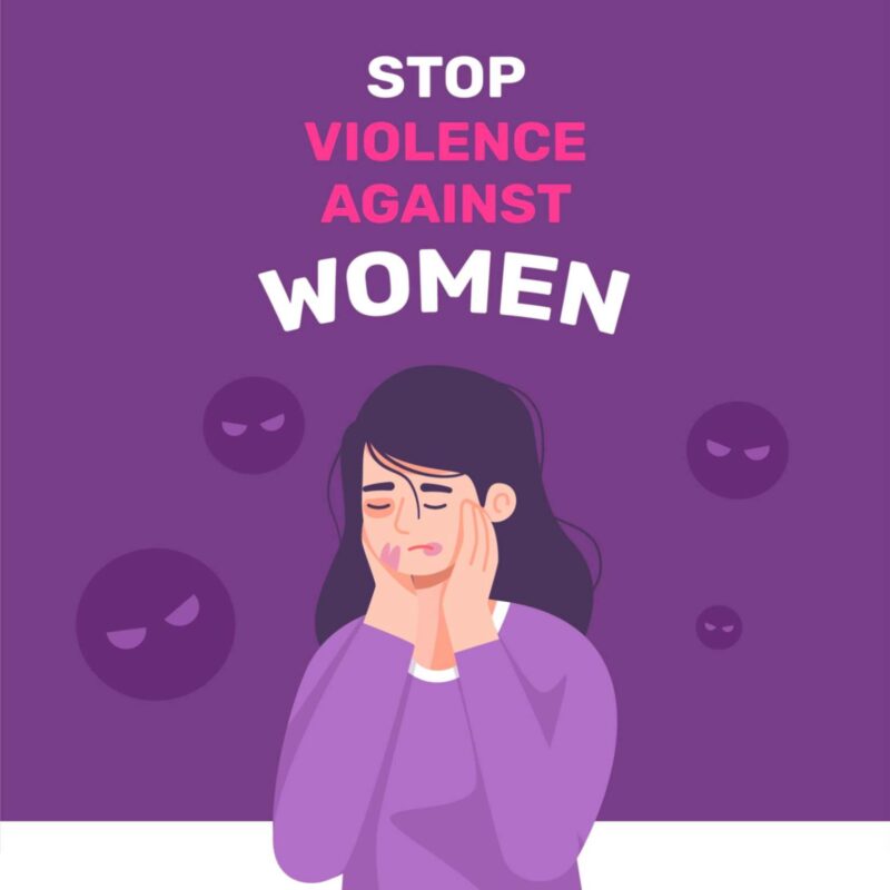 Illustration of a woman in distress with a message "Stop Violence Against Women" on a purple background, raising awareness of gender-based violence.