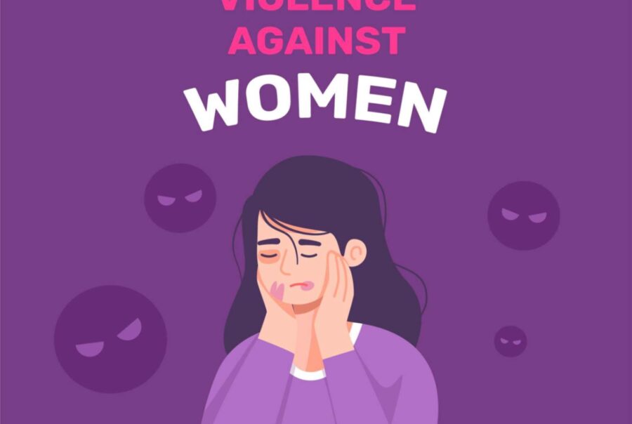 Illustration of a woman in distress with a message "Stop Violence Against Women" on a purple background, raising awareness of gender-based violence.