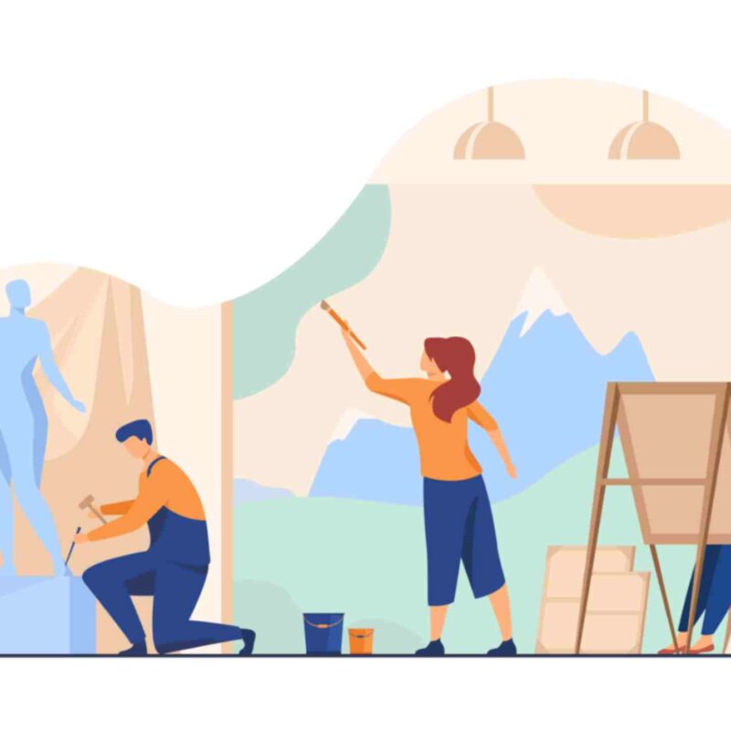 Three artists engaged in sculpting, painting, and drawing, illustrating the creative process and collaborative art-making in a studio.