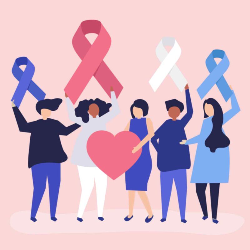 Illustrated group holding cancer awareness ribbons in various colors, symbolizing unity and support for cancer care initiatives.