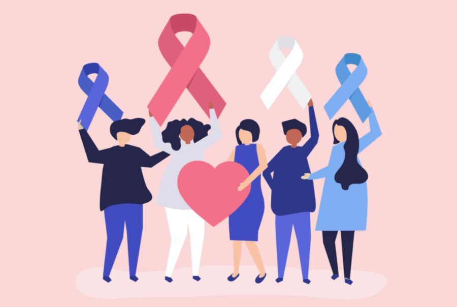 Illustrated group holding cancer awareness ribbons in various colors, symbolizing unity and support for cancer care initiatives.