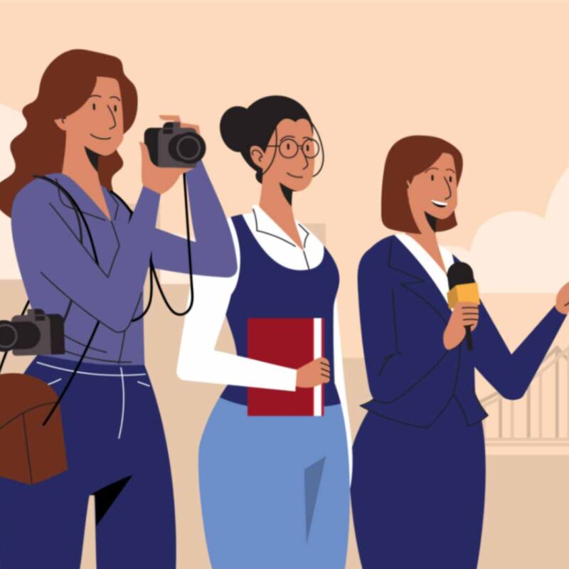 Illustration of women journalists with cameras, notebooks, and microphones, representing diverse roles in media and storytelling.
