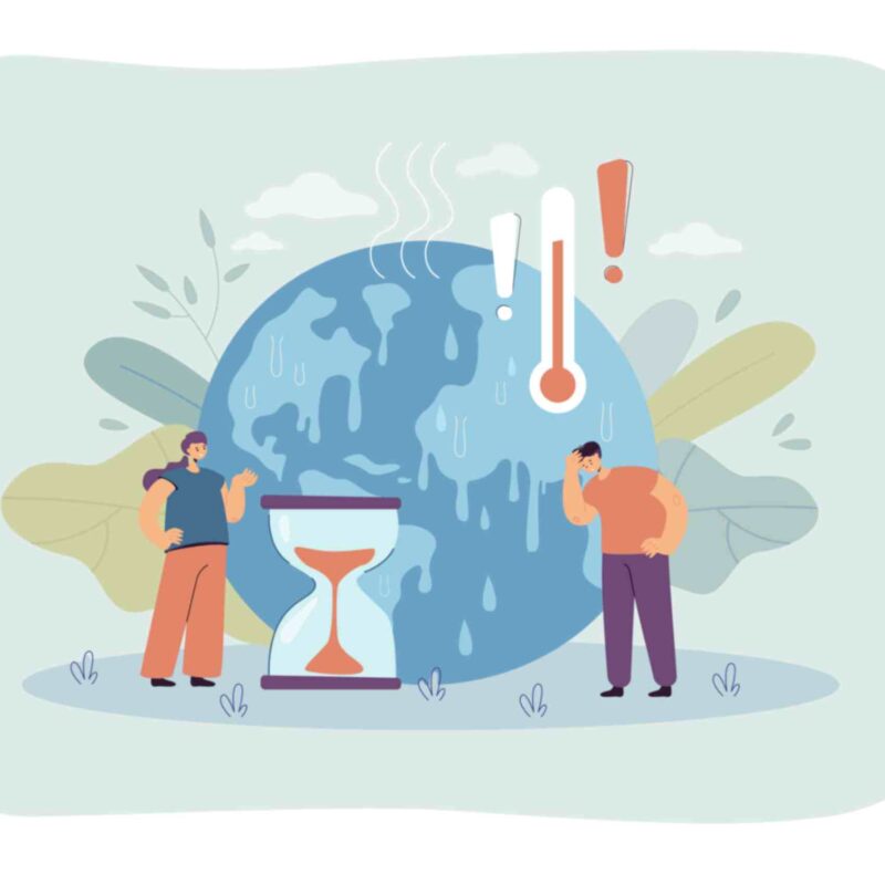 Illustration of two people concerned about the Earth's rising temperature. A melting Earth is shown in the background with a large thermometer and an hourglass symbolizing time running out on climate change action.