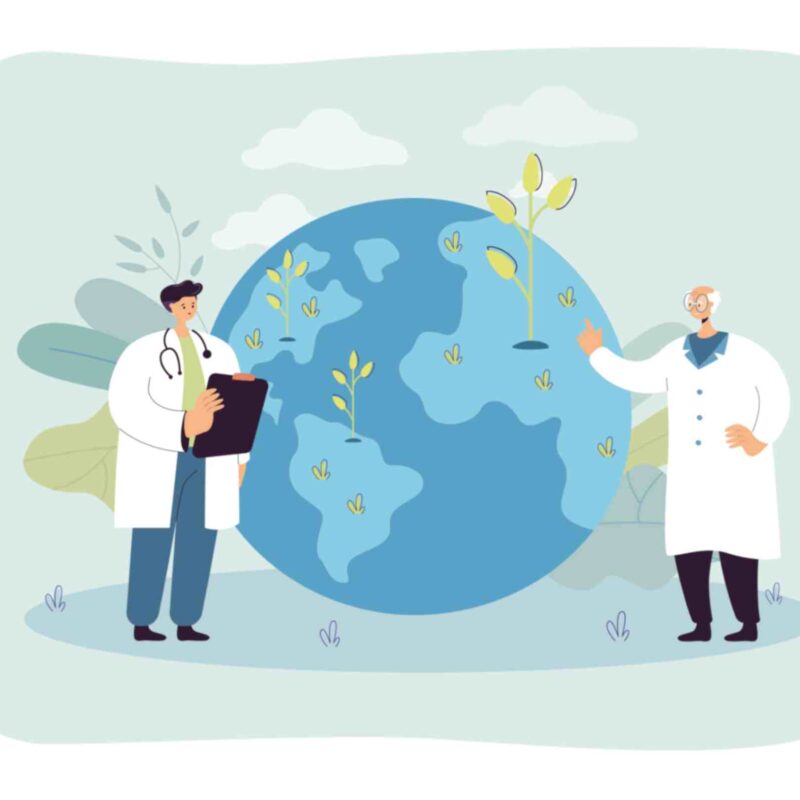 Illustration of two scientists in lab coats examining a globe with growing plants, symbolizing research and environmental sustainability.