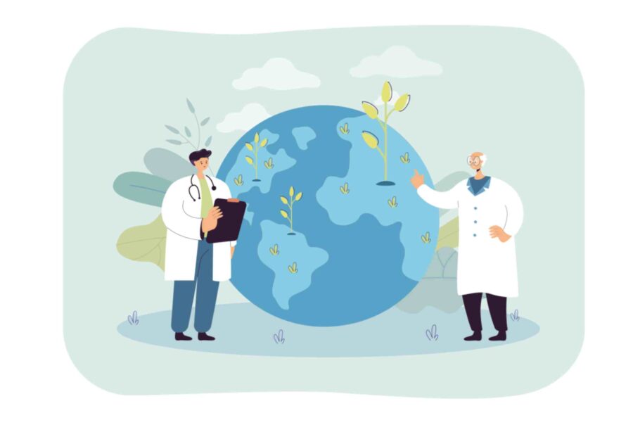 Illustration of two scientists in lab coats examining a globe with growing plants, symbolizing research and environmental sustainability.