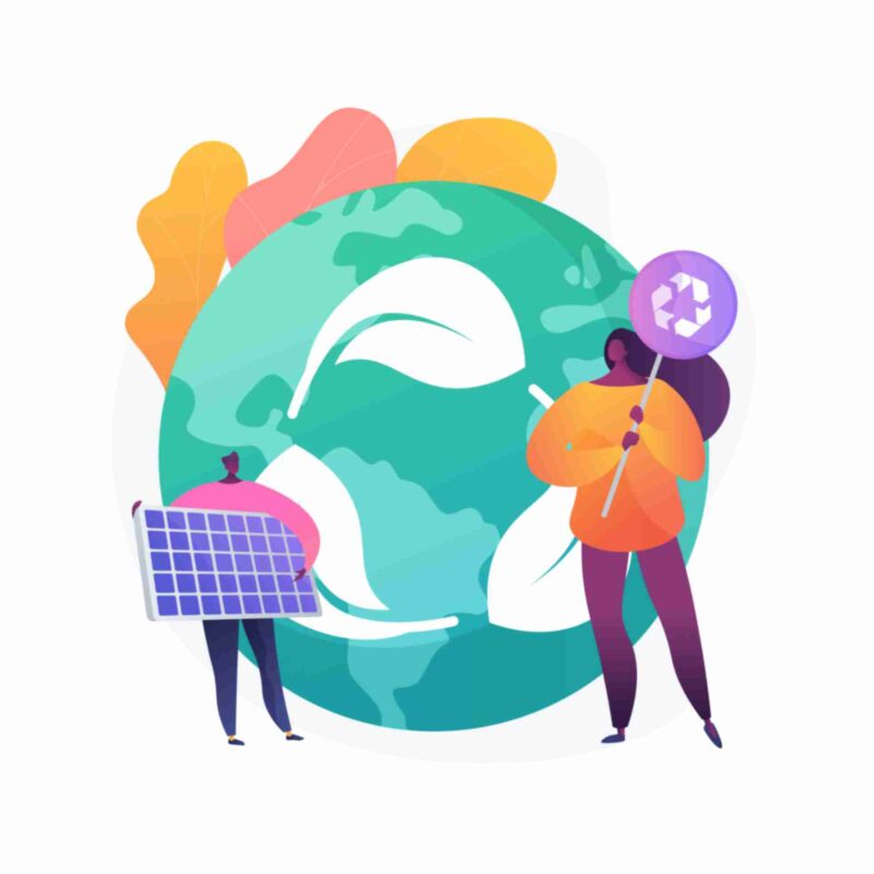Two individuals with a solar panel and recycling sign standing in front of Earth, symbolizing sustainability and climate action.