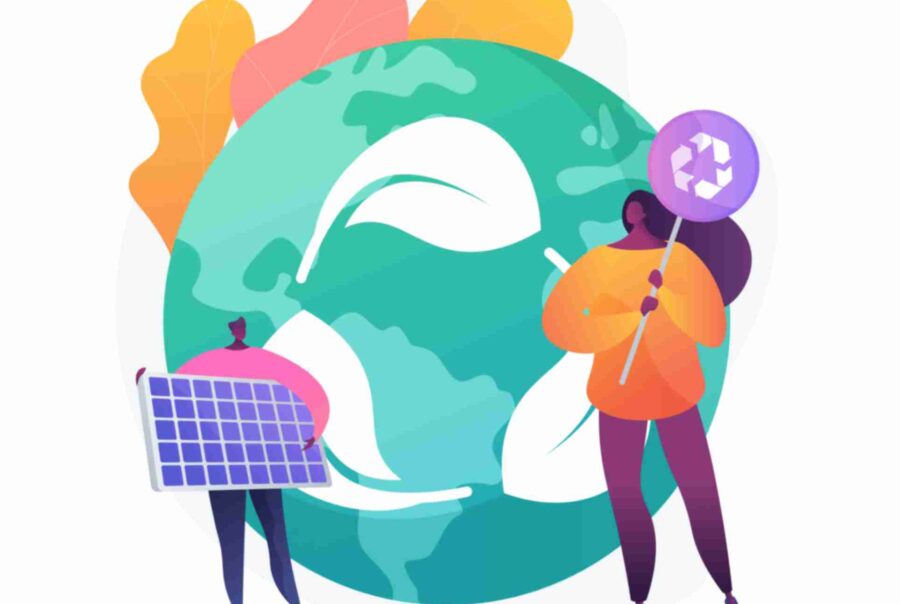Two individuals with a solar panel and recycling sign standing in front of Earth, symbolizing sustainability and climate action.