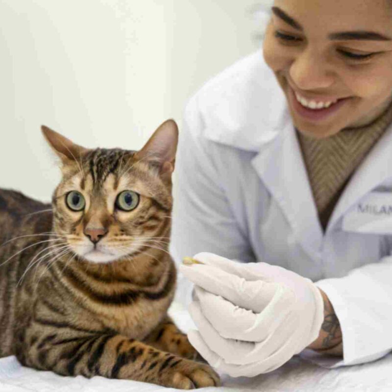 A smiling veterinarian in a white coat holding a treat while examining a relaxed cat lying on an examination table.