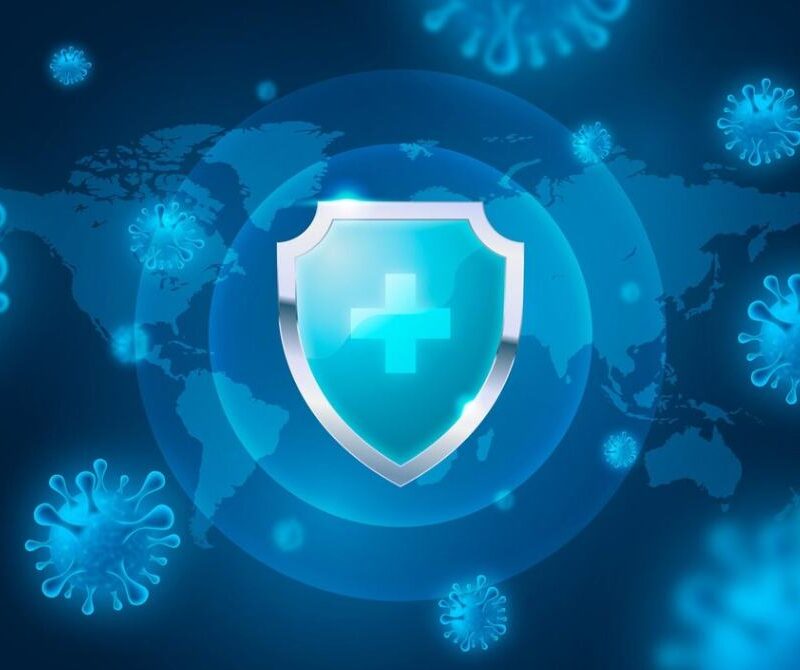 A shield with a cross, symbolizing protection against biological threats, is surrounded by virus particles and a world map.