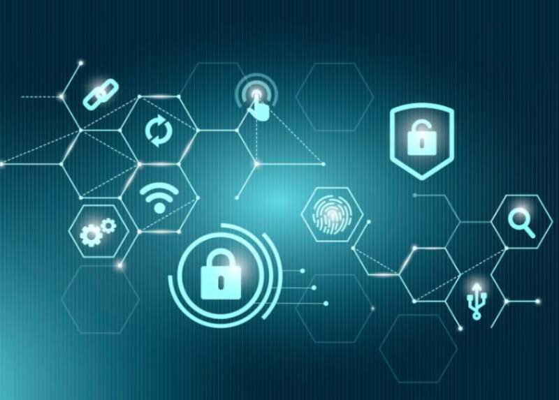 A network of security icons, including locks, fingerprints, and Wi-Fi symbols, representing the interconnected nature of cybersecurity.