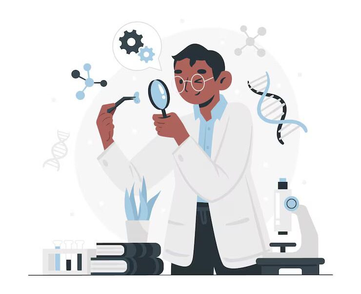 A scientist in a lab coat examines a sample with a magnifying glass, surrounded by DNA, molecular structures, and lab equipment.
