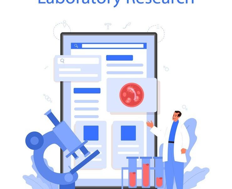 Illustration of a lab researcher with microscope, test tubes, and red blood cell, representing scientific and cancer research.