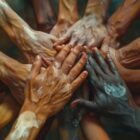 A circle of diverse hands coming together, symbolizing unity, collaboration, and collective action for community-driven development.