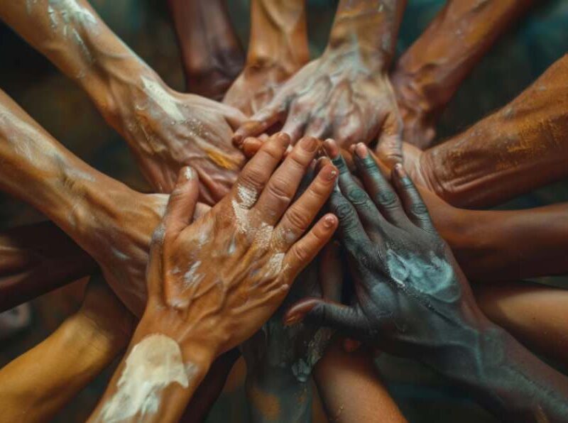 A circle of diverse hands coming together, symbolizing unity, collaboration, and collective action for community-driven development.