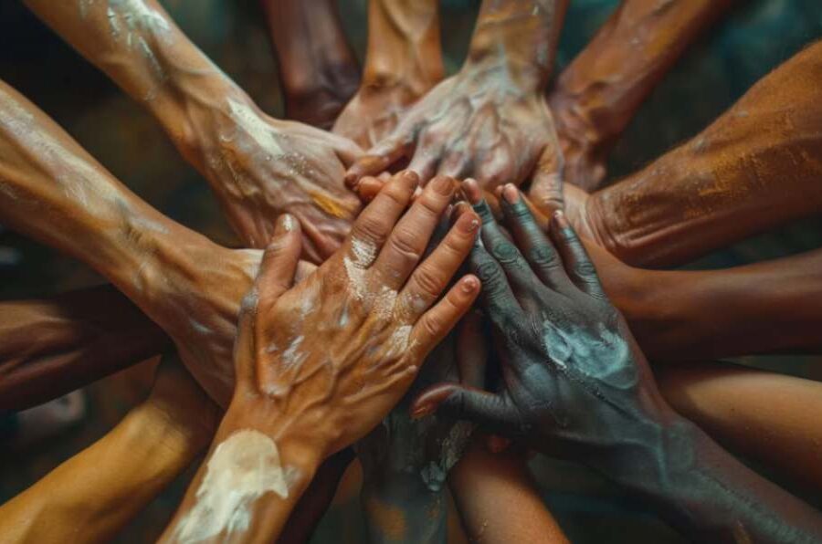 A circle of diverse hands coming together, symbolizing unity, collaboration, and collective action for community-driven development.