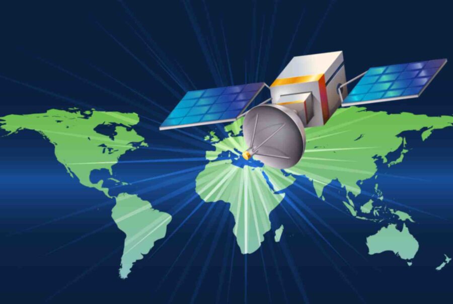 Illustration of a satellite orbiting Earth, representing the use of high-resolution satellite technology for global biodiversity monitoring and conservation.