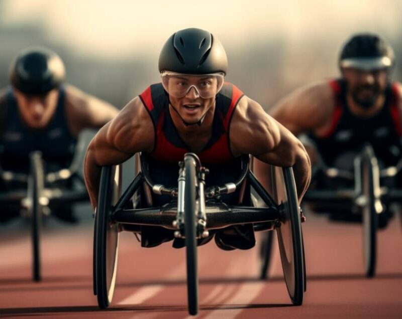 Three determined para-athletes, wearing helmets and racing in specialized wheelchairs, compete in a high-intensity track event.