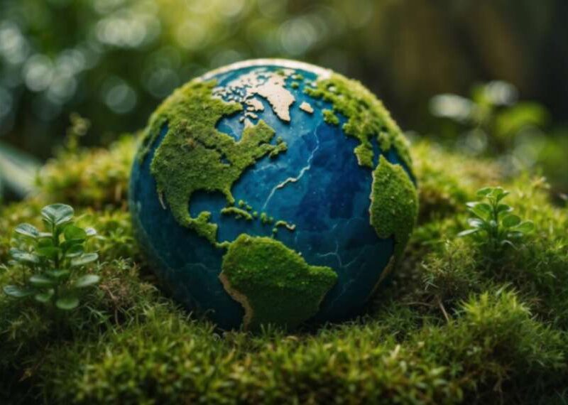 A globe covered in lush green moss, representing a healthy planet.