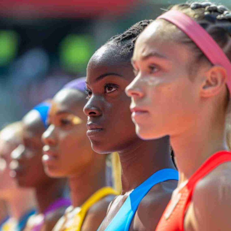 Female athletes standing in a row, representing diversity and empowerment in sports, aligning with gender justice initiatives.