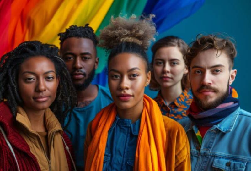 A diverse group of people standing together in front of a rainbow flag, representing unity, inclusion, and gender diversity.
