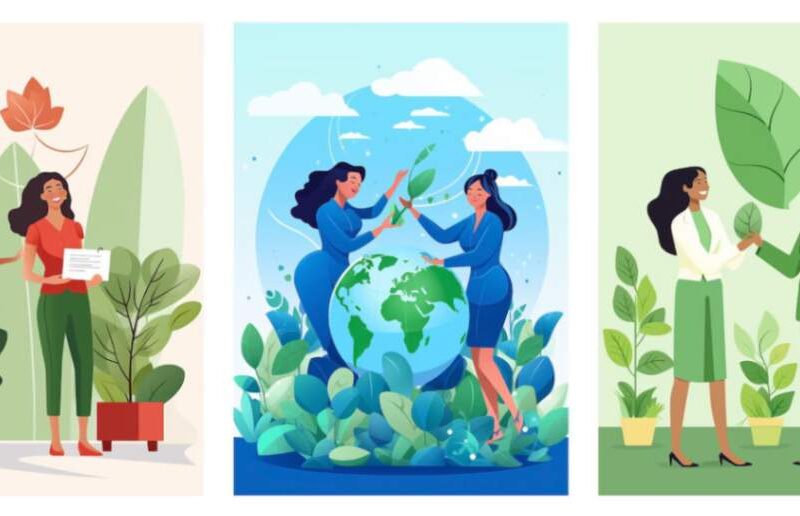 Illustration of diverse women collaborating on eco-friendly projects, symbolizing women-led initiatives in climate action and business.