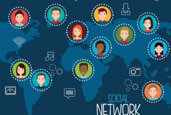 Global network of diverse individuals connected through social media icons, symbolizing international collaboration and communication.