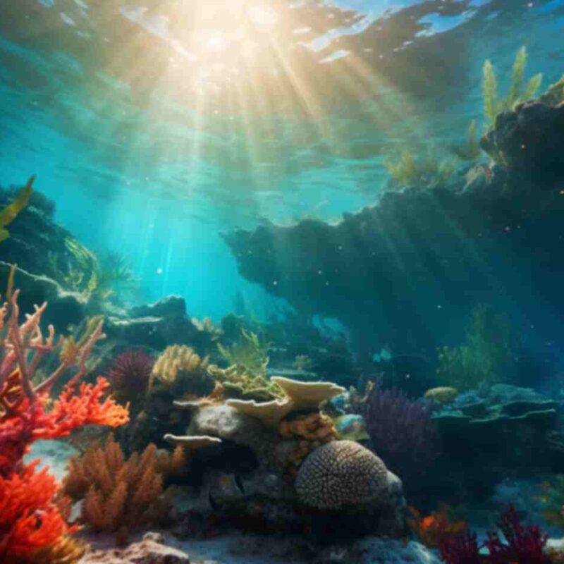 A vibrant underwater scene with coral reefs, fish, and sunlight filtering through the water.