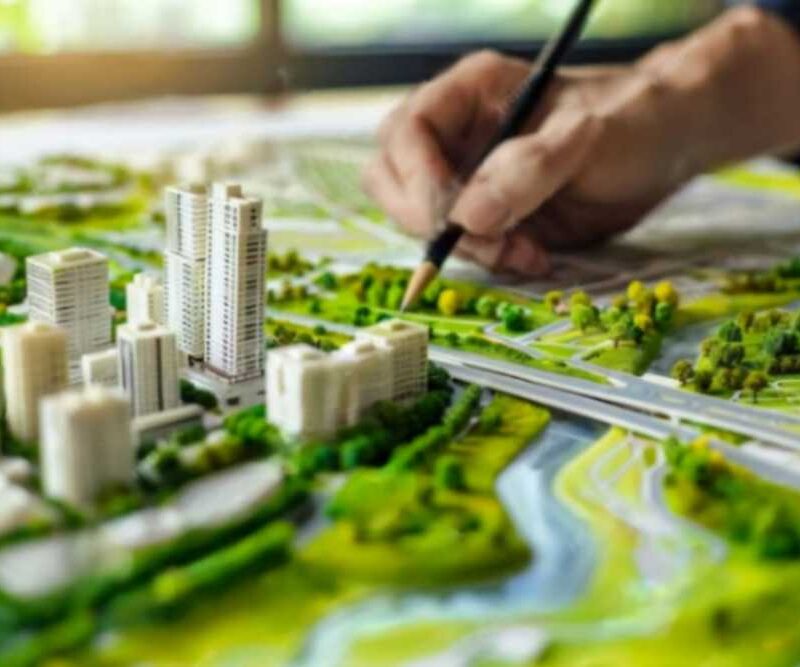 Person working on a model city with green spaces and buildings.