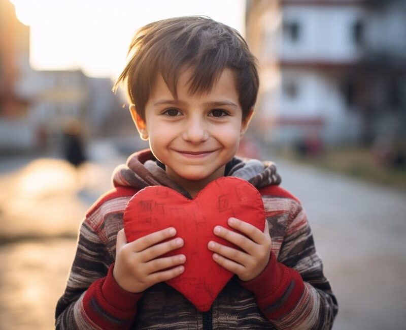 A smiling child holding a red heart symbol, representing kindness, love, and positive change in their community.