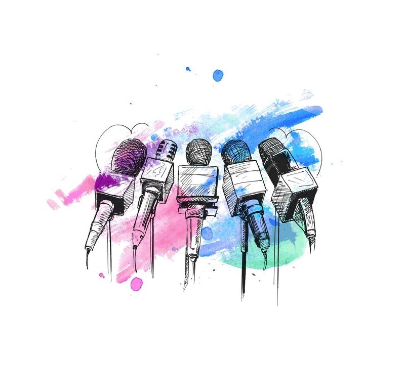 Five microphones lined up, painted in a vibrant watercolor style.