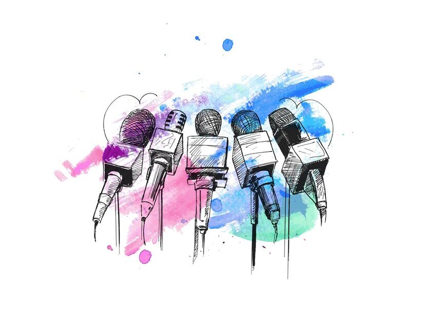 Five microphones lined up, painted in a vibrant watercolor style.