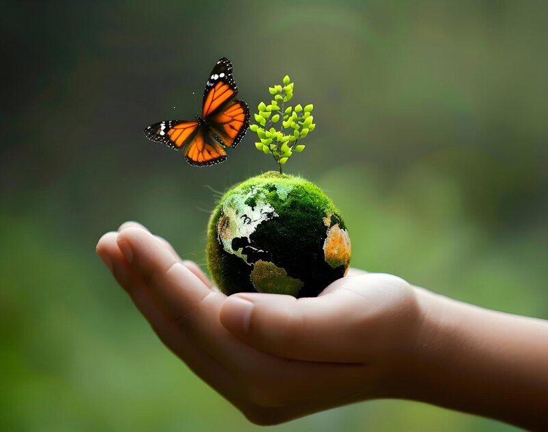 A hand holding a small globe with a plant and butterfly on it.