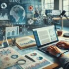 Writer working on a laptop with science documents, charts, and notes on a desk, focusing on investigative science journalism.