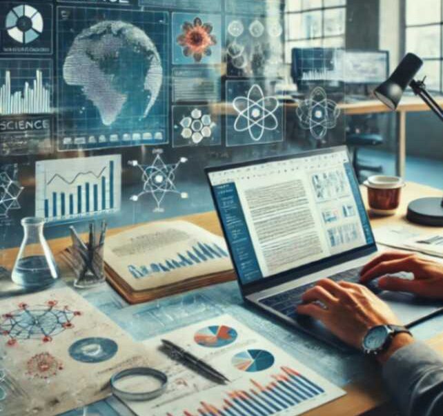 Writer working on a laptop with science documents, charts, and notes on a desk, focusing on investigative science journalism.