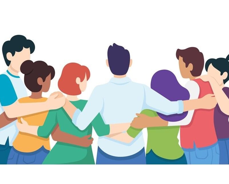 Illustration of a diverse group of young people hugging, symbolizing unity and collective action for global change.