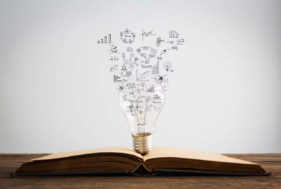 Lightbulb with scientific symbols emerging from an open book, representing innovation and knowledge in research funded by the Letten Prize.