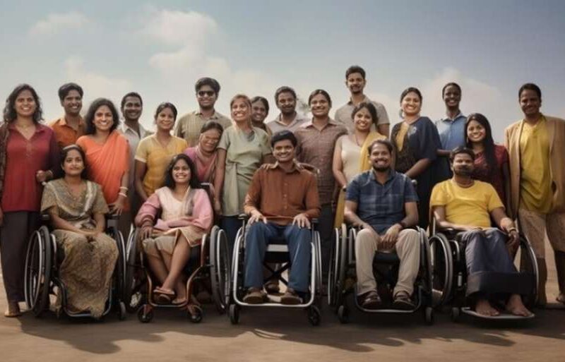 Group of diverse individuals, including persons in wheelchairs, representing inclusion and disability advocacy.