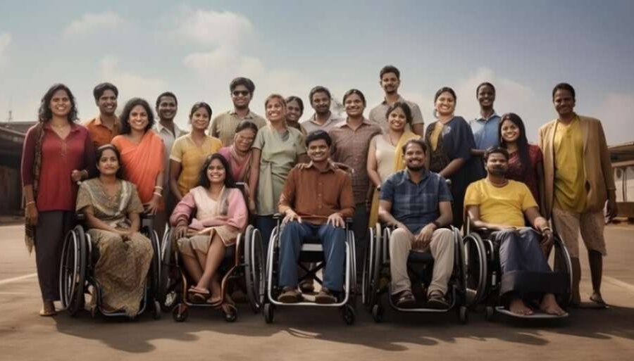 Group of diverse individuals, including persons in wheelchairs, representing inclusion and disability advocacy.