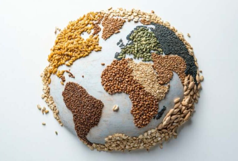 A globe crafted with various grains and seeds, symbolizing sustainable agriculture and global commodity value chains.