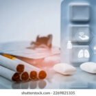 Nicotine gum, cigarettes, and health-related icons symbolizing smoking cessation and public health strategies.