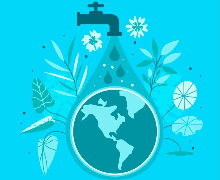 Illustration of Earth with water conservation theme, including faucet, water drops, and plants symbolizing sustainability efforts.