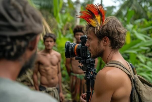 Anthropologist photographing remote Indigenous community to preserve cultural heritage and support storytelling initiatives.